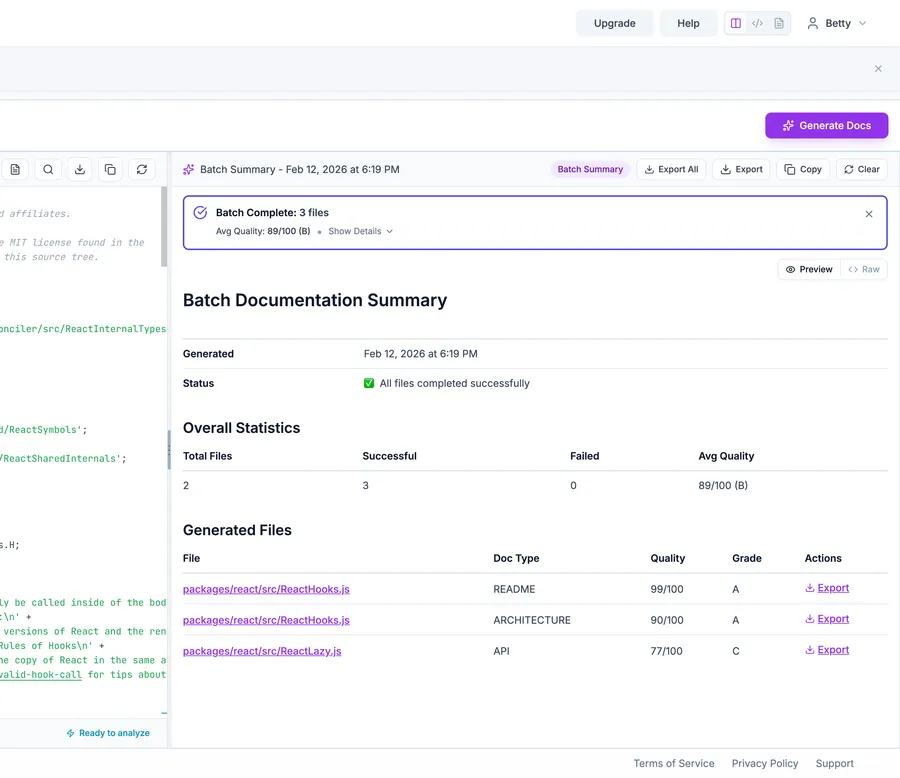 Batch documentation summary with statistics and results