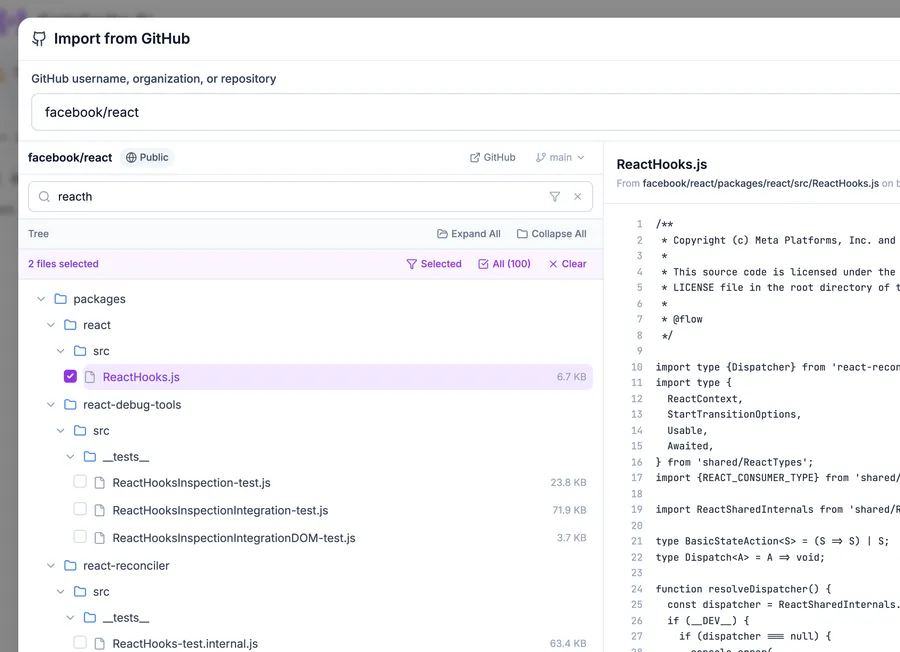 GitHub import modal showing file tree with selected React hooks and lazy loading files