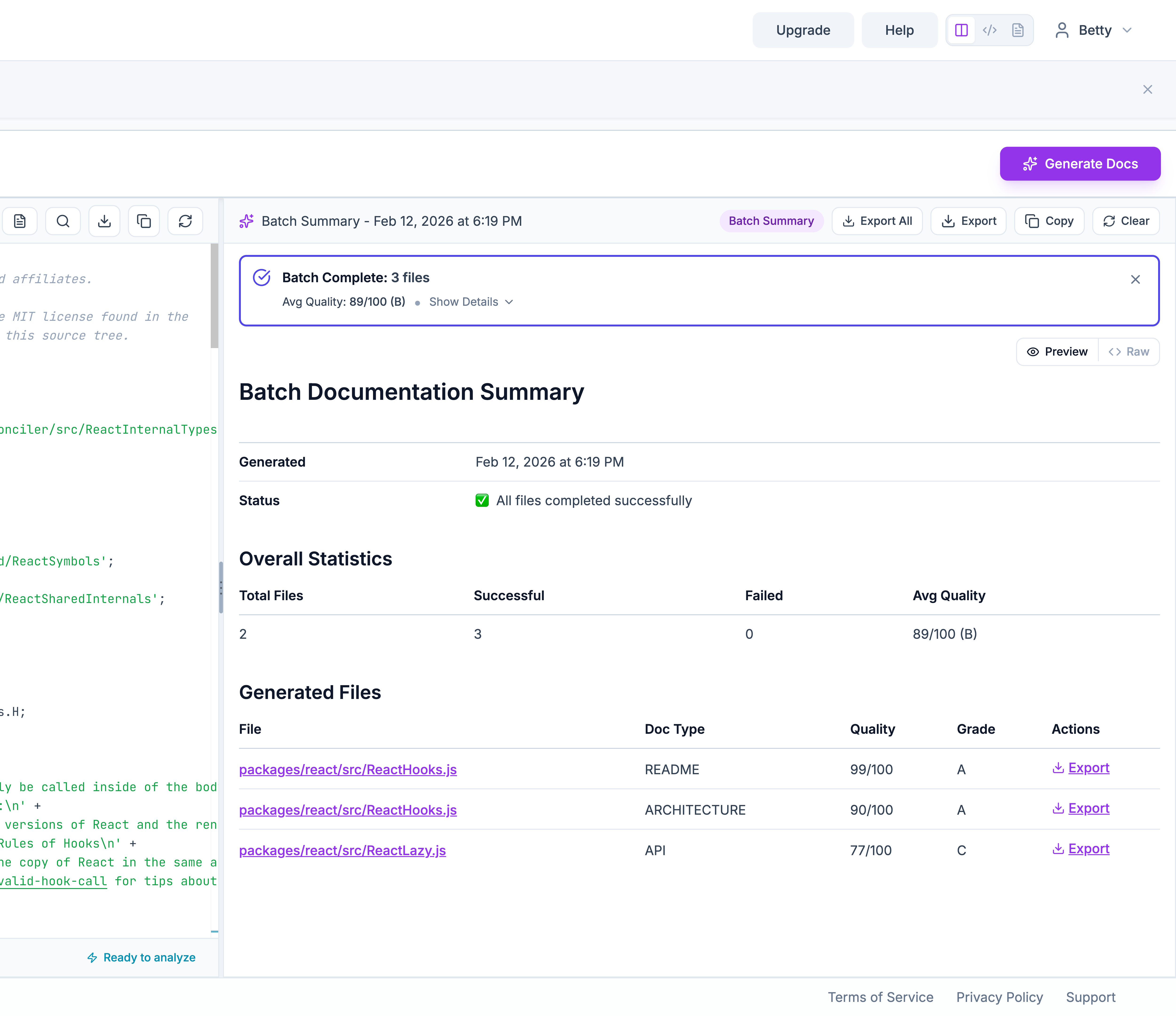 Batch documentation summary with statistics and results