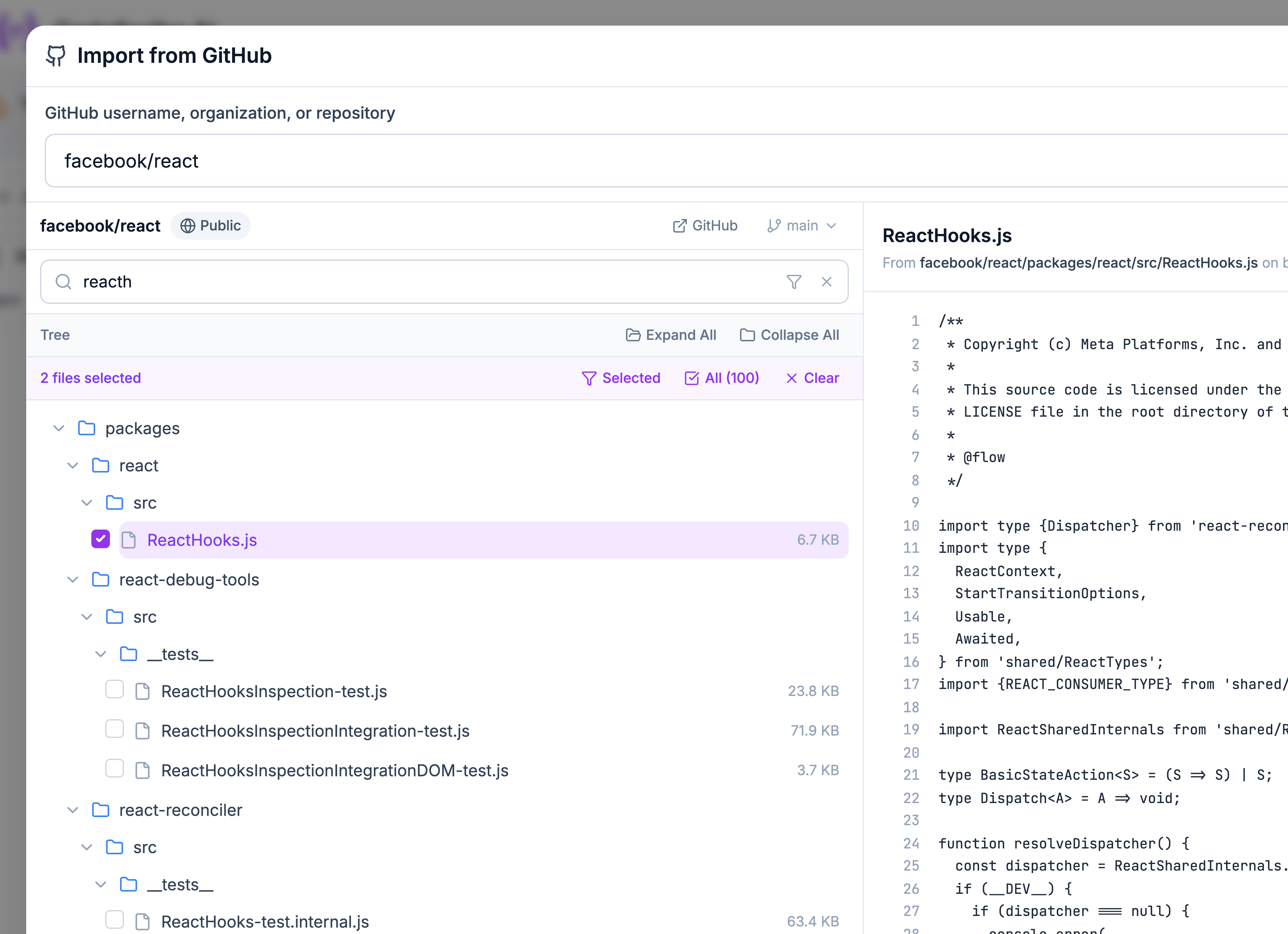 GitHub import modal showing file tree with selected React hooks and lazy loading files