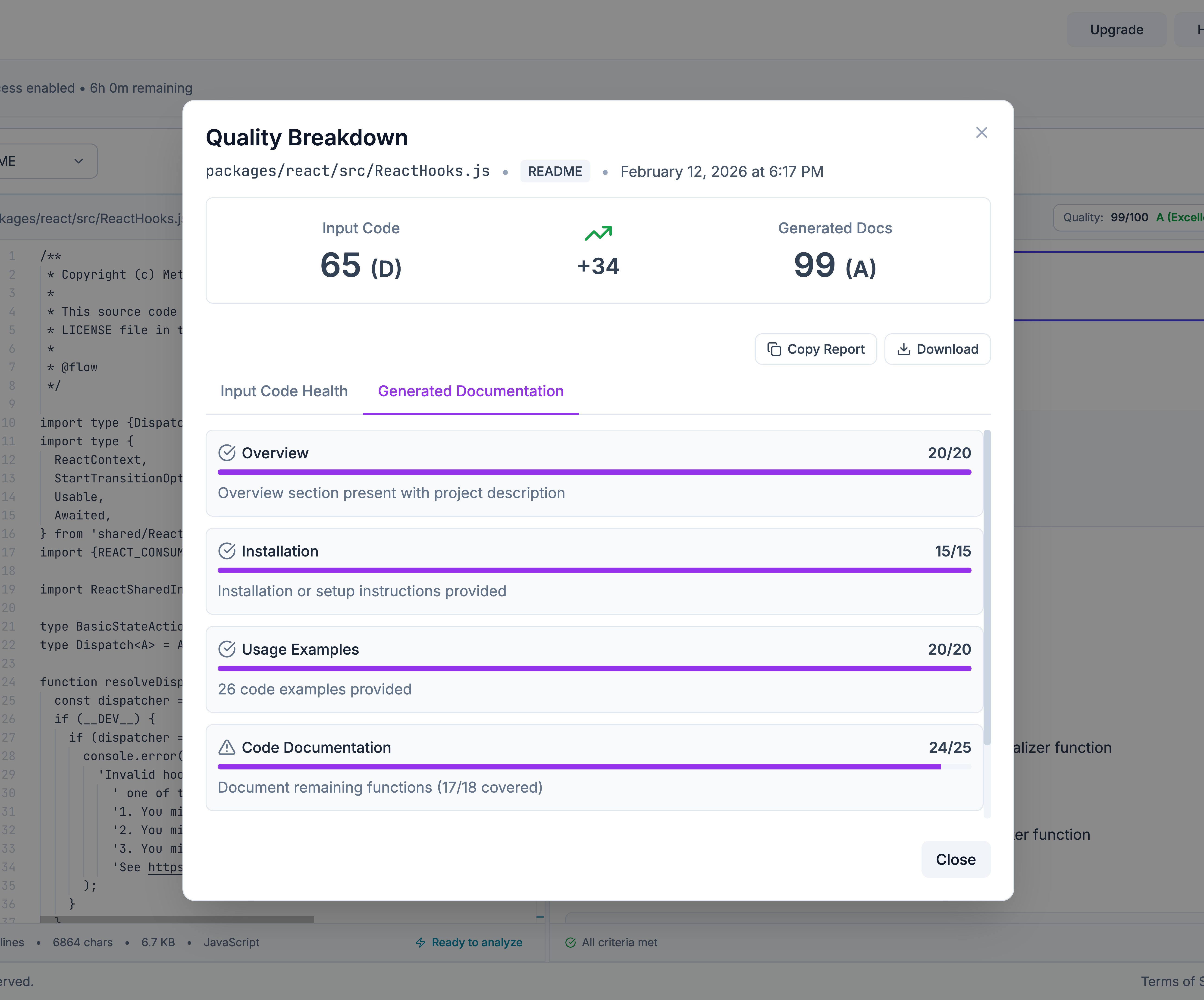 Quality scoring modal showing grades from input code (65/D) to generated docs (99/A) with detailed breakdown